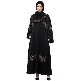 Front open bell sleeves hand made embroidered abaya- Black
